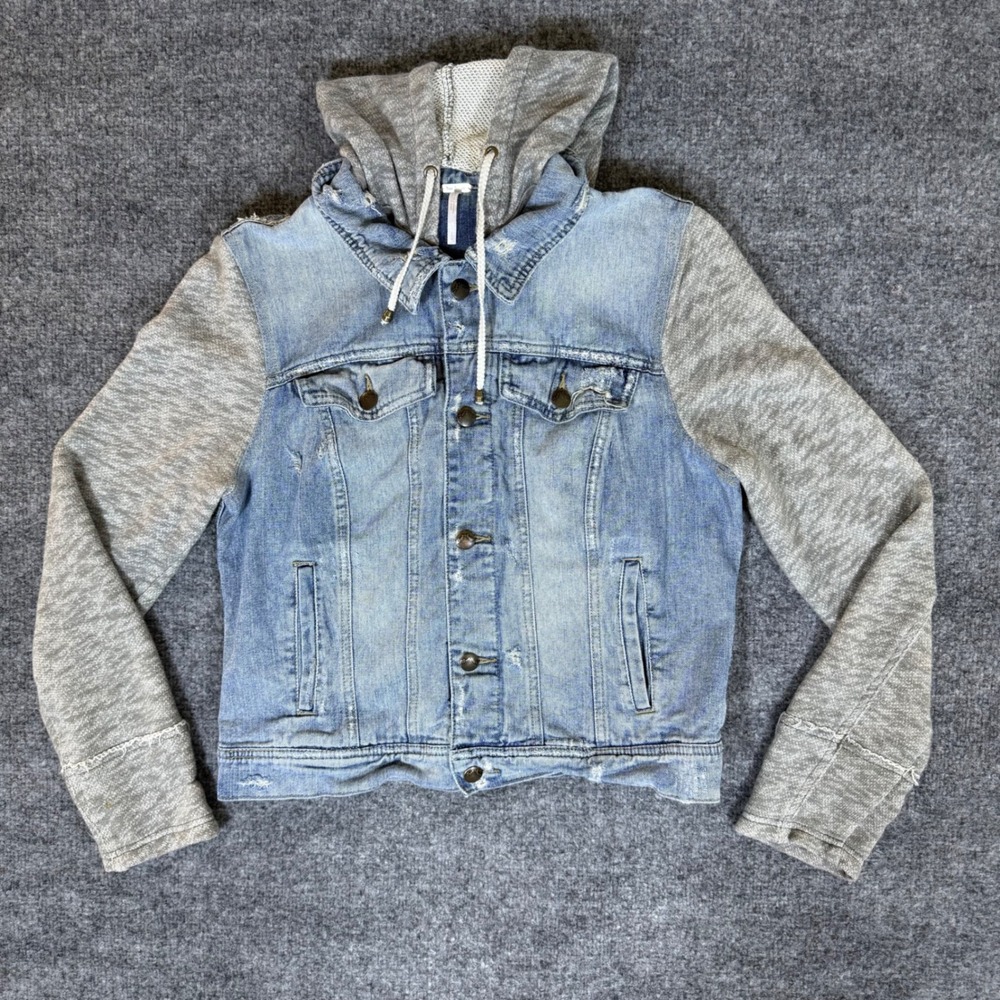 Free People Denim Jacket Hooded Knit Sleeves Light Wash Distressed Blue Grey L
